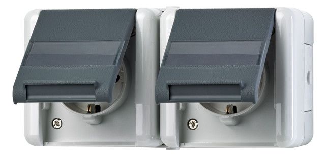 Jung 8220KINAW AP/WG SCHUKO Steckdose 2f verdr. waag. erh.Ber. Schriftf. WG800