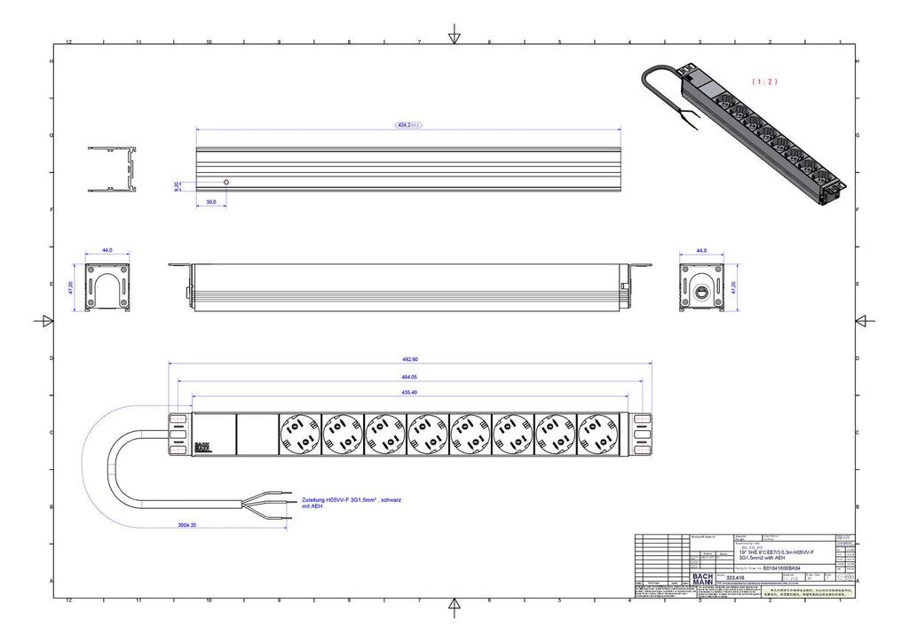 Bachmann 333.416 19" 1HE 8xSchuko 1xKlemme