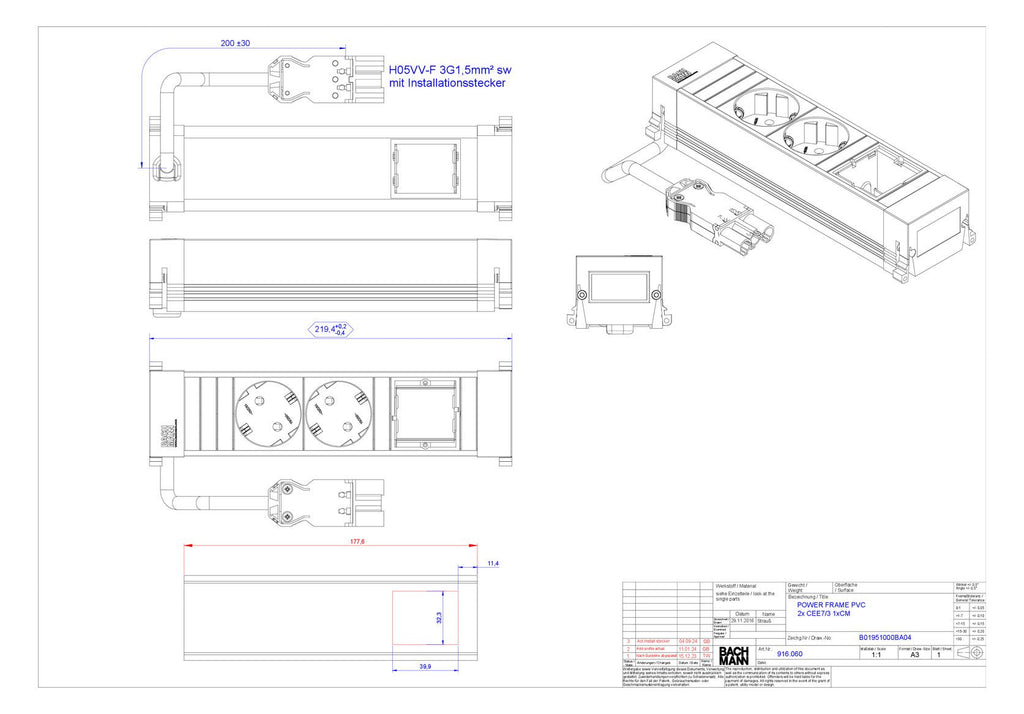 Bachmann 916.060 Power Frame 2xSchuko 1xABD Kunststoffprofil schwarz