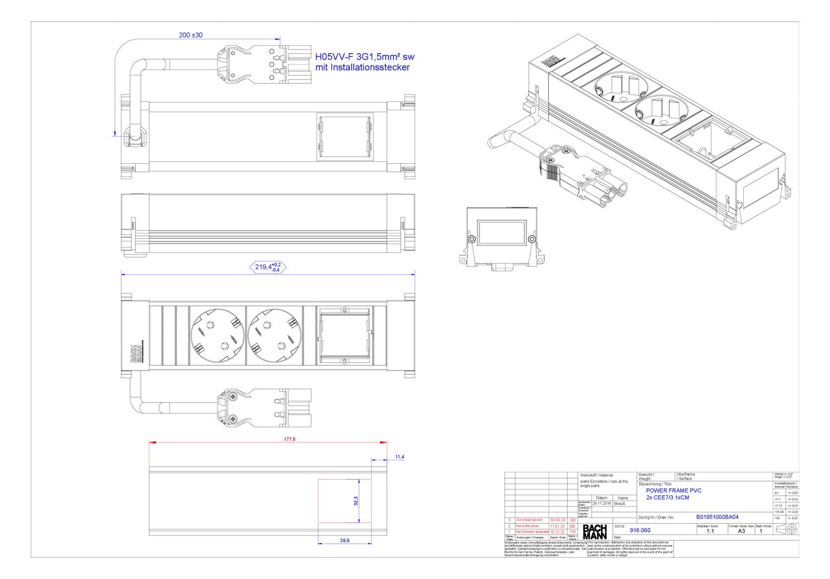 Bachmann 916.060 Power Frame 2xSchuko 1xABD Kunststoffprofil schwarz