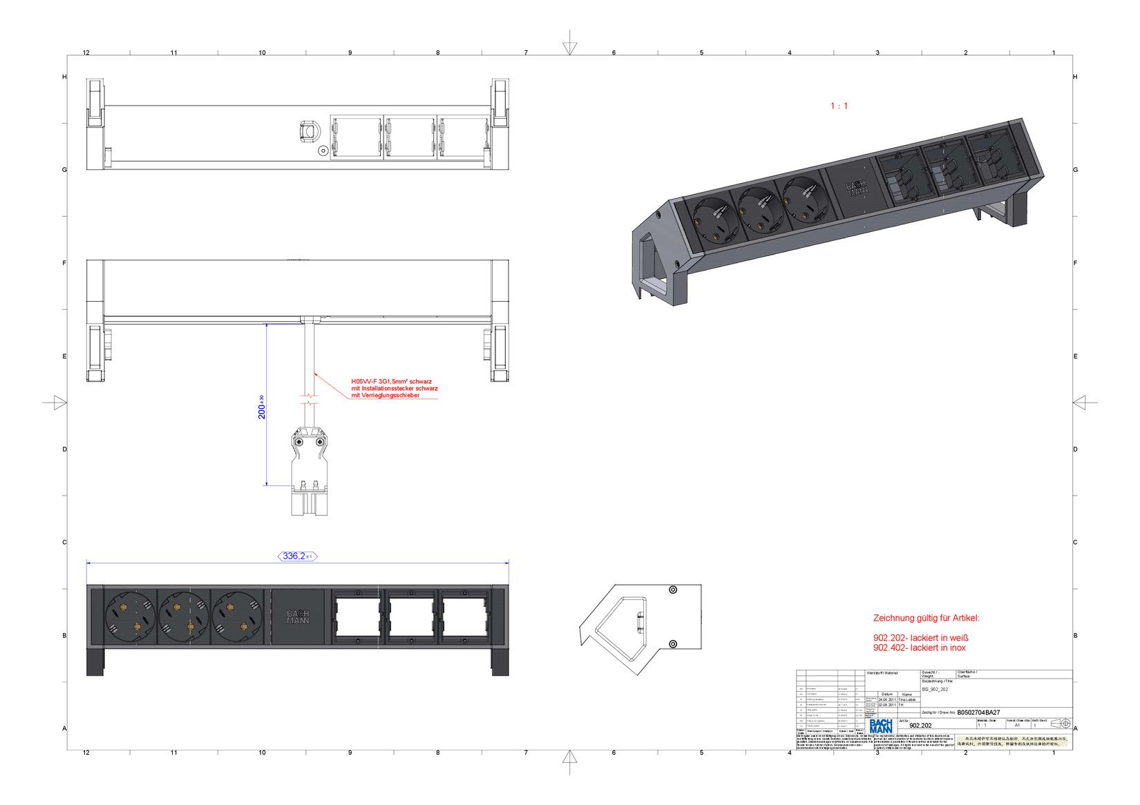 Bachmann 902.402 DESK2 3xSchuko 3xABD Strom 0,2m GST18 Inox lackiert