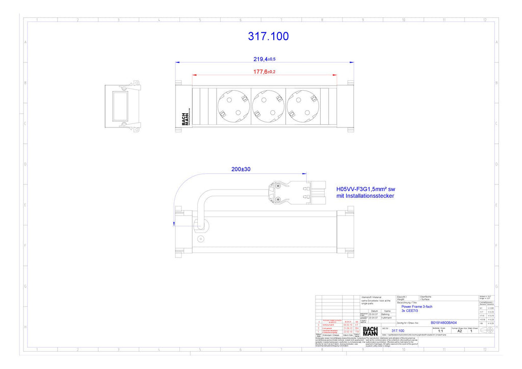 Bachmann 317.100 POWER FRAME 3xSchuko kurz