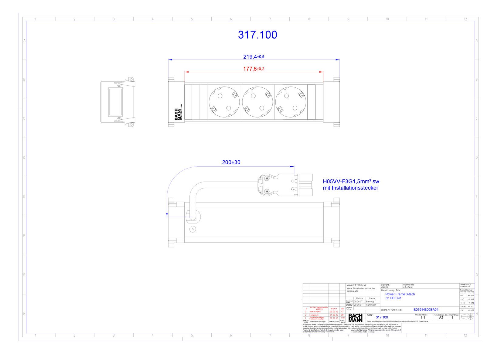 Bachmann 317.100 POWER FRAME 3xSchuko kurz