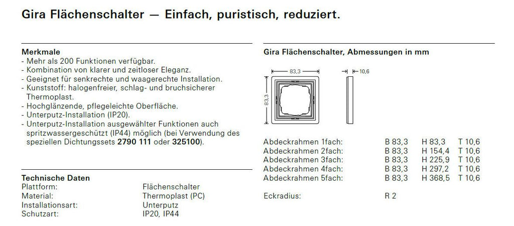 GIRA 0211112 Abdeckrahmen 1fach Flächenschalter Reinweiß glänzend