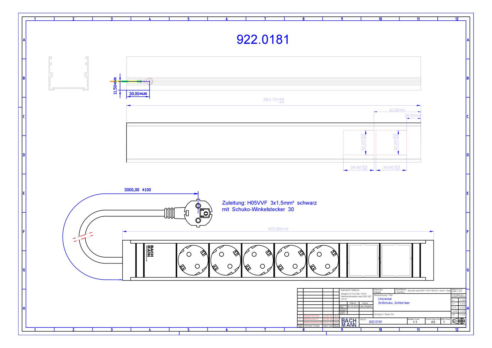 Bachmann 922.0181 Universal 5xSchuko 2xABD KS Strom 3m Schuko