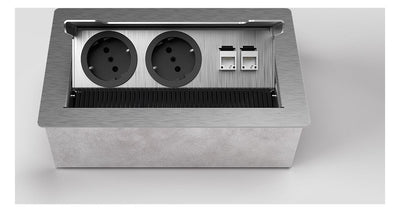 Tischsteckdose 3203E 2x Schuko, 1x RJ45 2fach, Edelstahl gebürstet 3203E-2-1