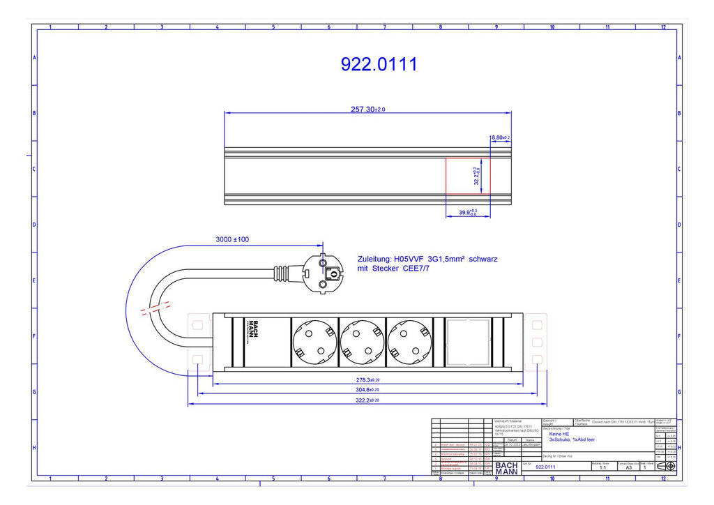 Bachmann 922.0111 Universal 3xSchuko 1xABD KS Strom 3m Schuko