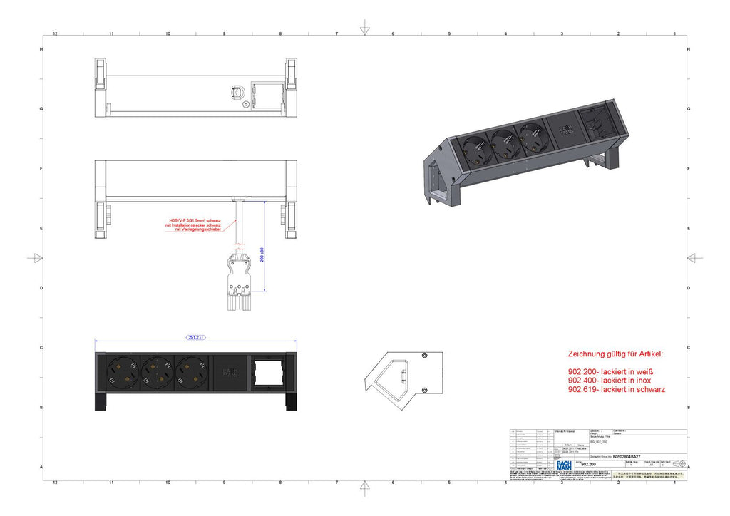 Bachmann 902.400 DESK2 3xSchuko 1xABD Strom 0,2m GST18 Inox lackiert