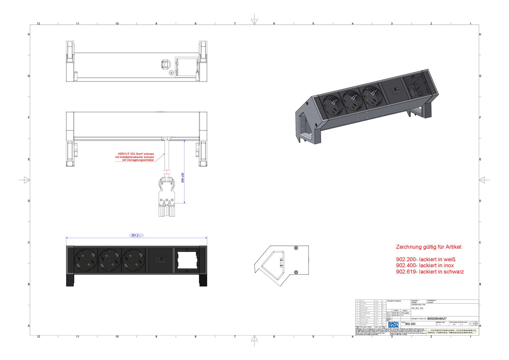 Bachmann 902.400 DESK2 3xSchuko 1xABD Strom 0,2m GST18 Inox lackiert
