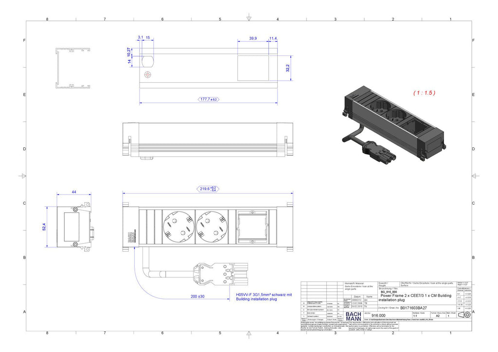 Bachmann 916.000 POWER FRAME 2xSchuko 1xABD