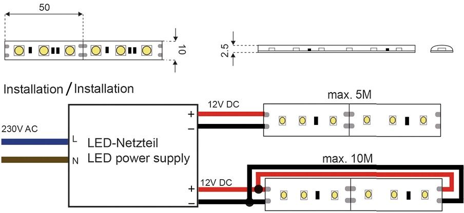 S&H 30543 LED Band-5mRolle 10x2,5mm 60xSMD5050/m 12VDC 11,5W proM 3000K 120°