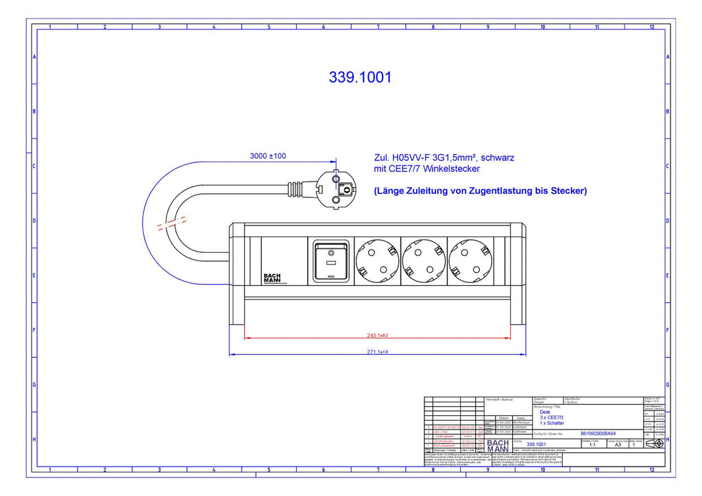 Bachmann 339.1001 DESK 3xSchuko 1xSchalter Strom 3m