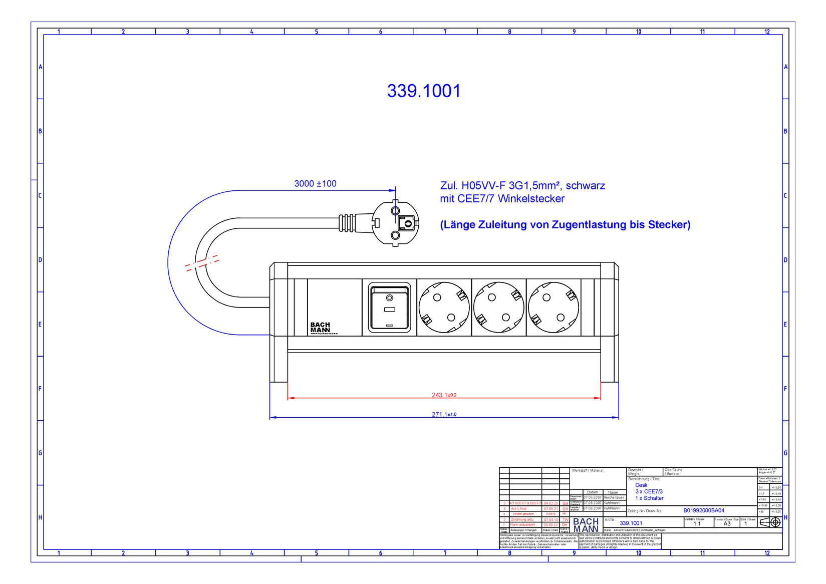 Bachmann 339.1001 DESK 3xSchuko 1xSchalter Strom 3m