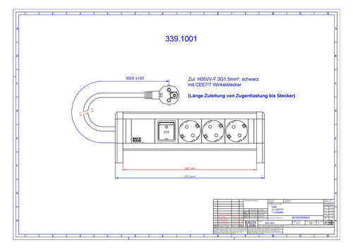 Bachmann 339.1001 DESK 3xSchuko 1xSchalter Strom 3m