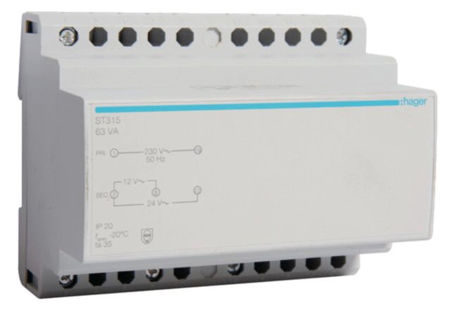 Hager ST315 Sicherheitstrafo 230V/12V u.24V 63VA 6PLE