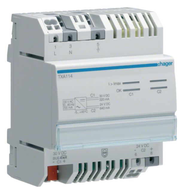 Hager TXA114 Spannungsversorgung 320/ 640mA m.1Ausgang u.1Drossel+1Ausg. 24VDC