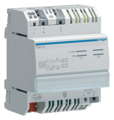 Hager TXA114 Spannungsversorgung 320/ 640mA m.1Ausgang u.1Drossel+1Ausg. 24VDC