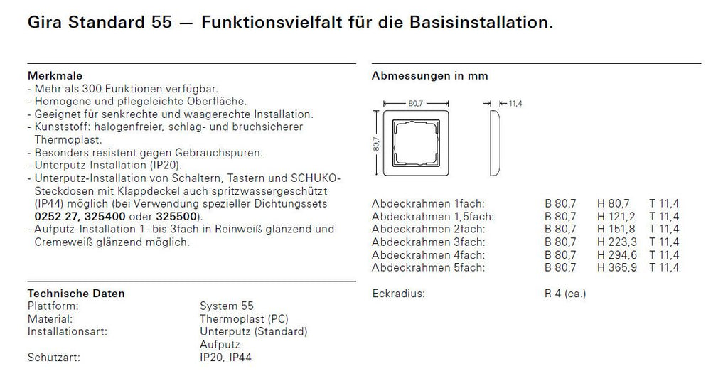 GIRA 111527 Abdeckrahmen 5fach senkrecht BSF Standard 55 Reinweiß seidenmatt