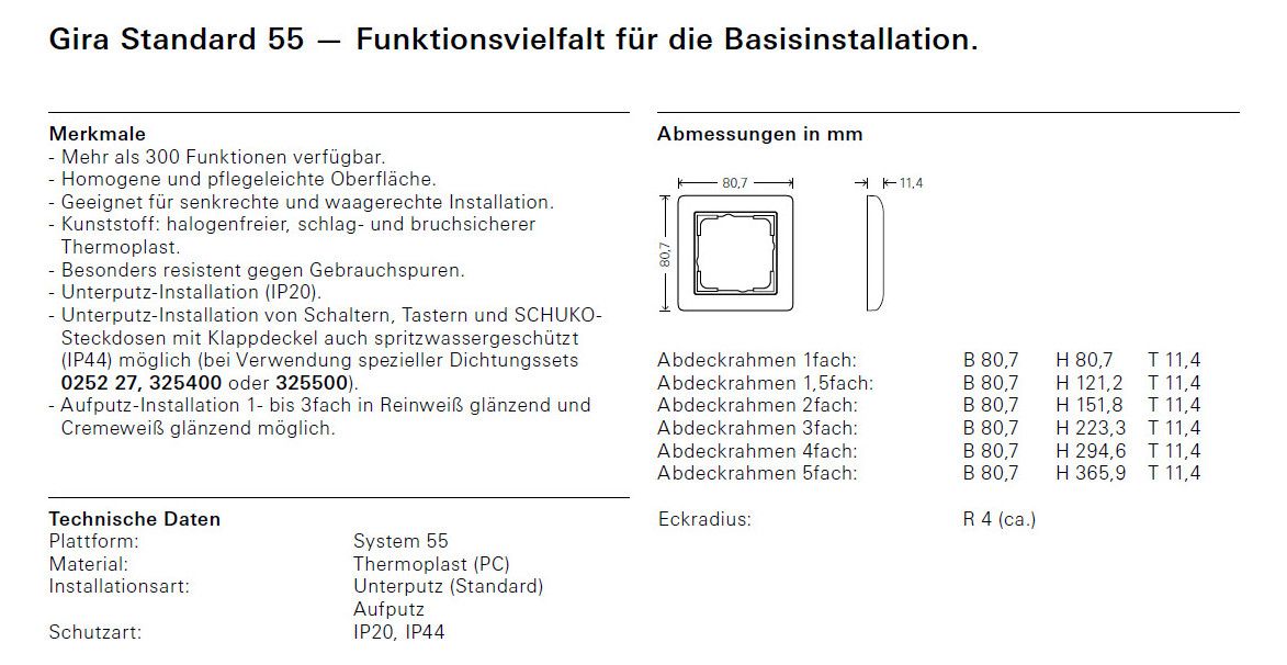 GIRA 109301 Abdeckrahmen 3fach waager. BSF Standard 55 Cremeweiß glänzend