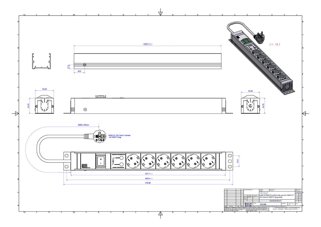 Bachmann 333.005 19" 1,5HE 6xSchuko 1xSchalter ÜSS Strom 2m Schuko