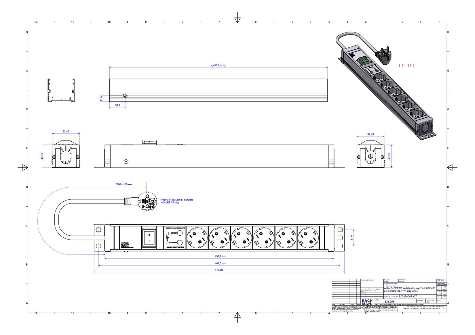 Bachmann 333.005 19" 1,5HE 6xSchuko 1xSchalter ÜSS Strom 2m Schuko