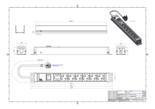 Bachmann 333.005 19" 1,5HE 6xSchuko 1xSchalter ÜSS Strom 2m Schuko