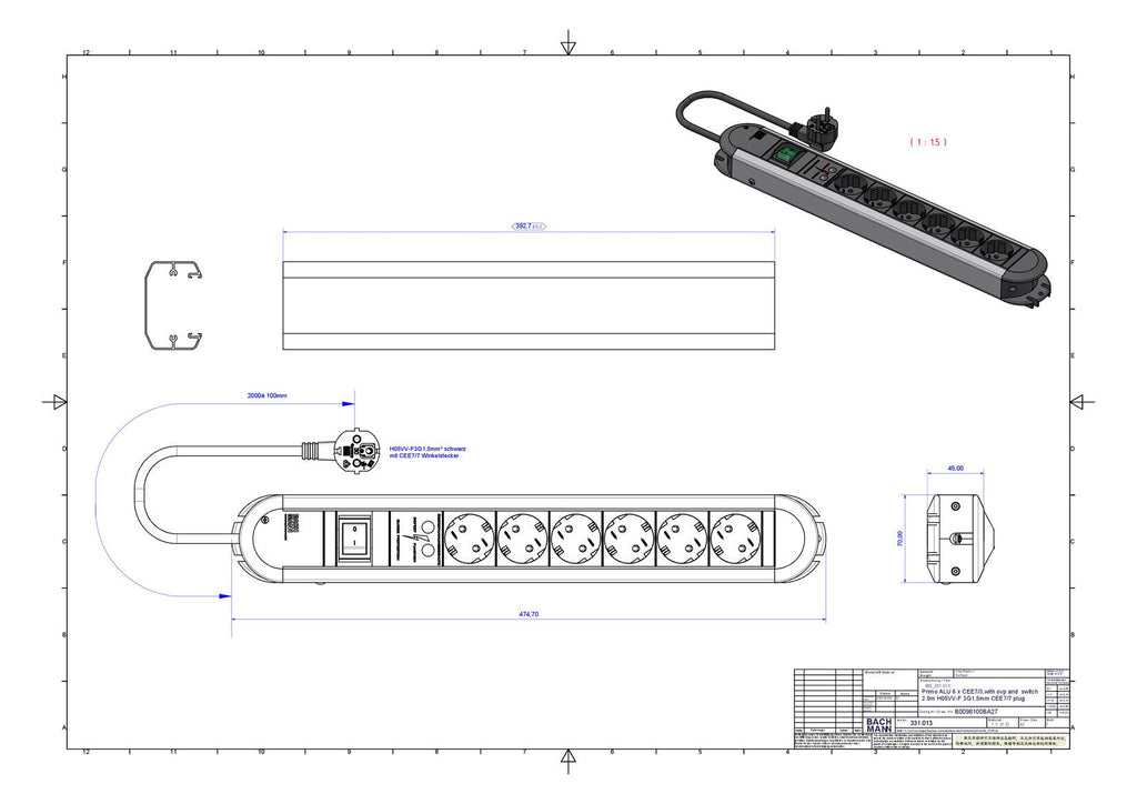 Bachmann 331.013 PRIMO 6xSchuko ÜSS 1xSchalter Strom 1,75m Schuko