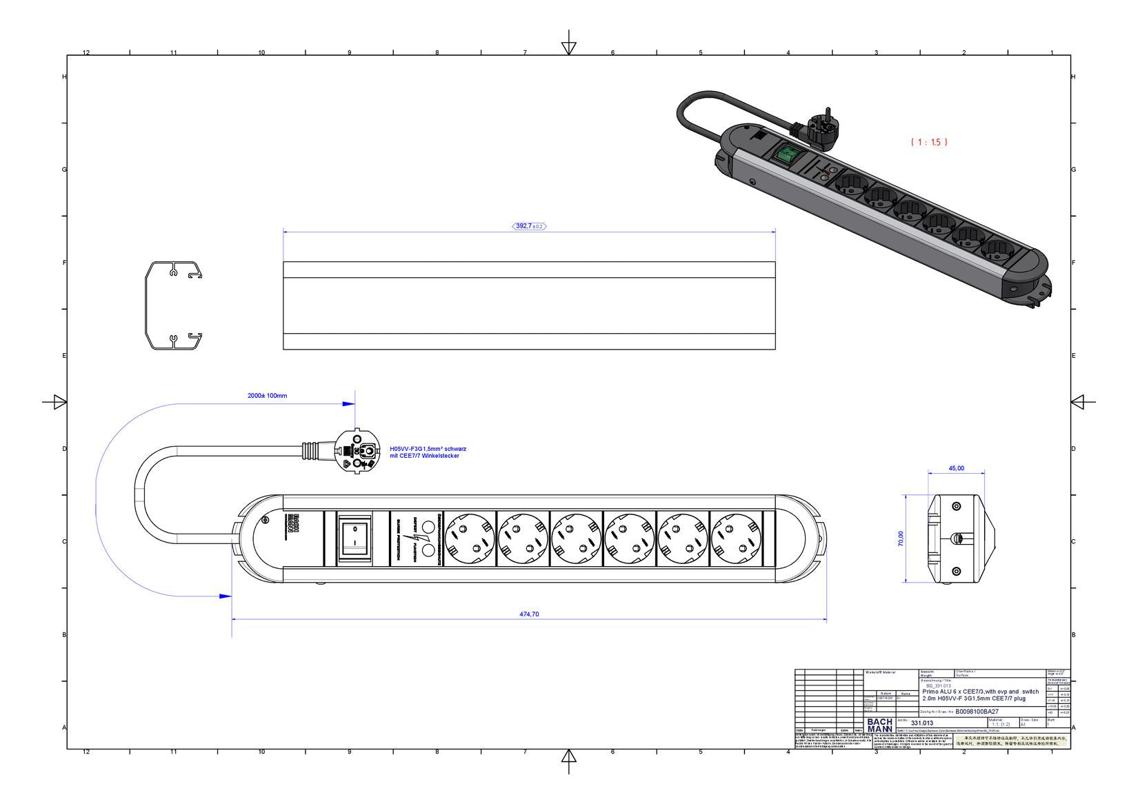 Bachmann 331.013 PRIMO 6xSchuko ÜSS 1xSchalter Strom 1,75m Schuko
