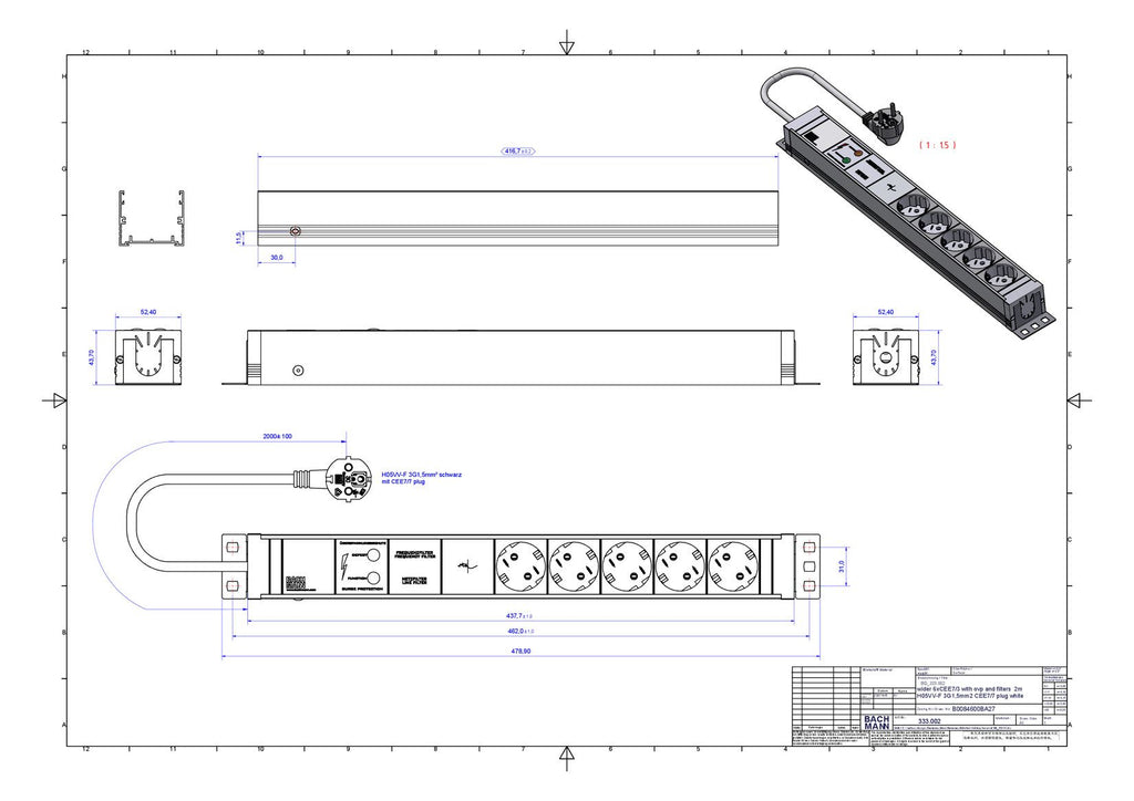 Bachmann 333.002 19" 1,5HE 5xSchuko 1xGVS Strom 2m Schuko