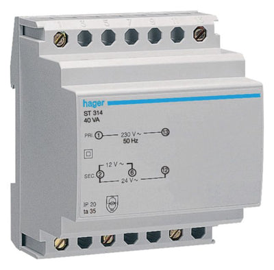 Hager ST314 Sicherheitstrafo 230V/12V u.24V 40VA 4PLE
