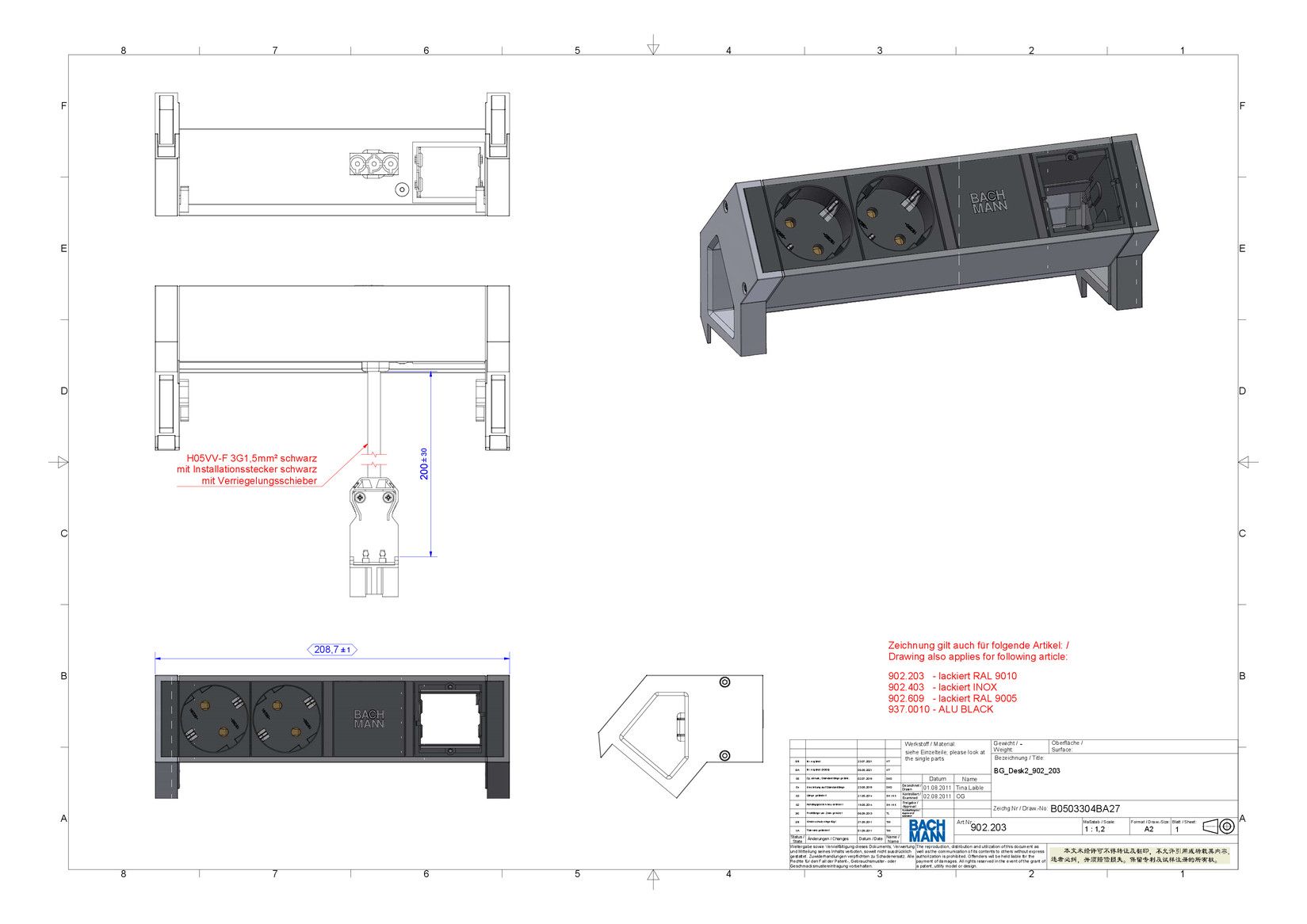 Bachmann 902.403 DESK2 2xSchuko 1xABD Strom 0,2m GST18 Inox lackiert