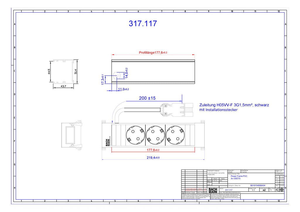 Bachmann 317.117 Power Frame 3xSchuko kurz m.Kunststoffprofil