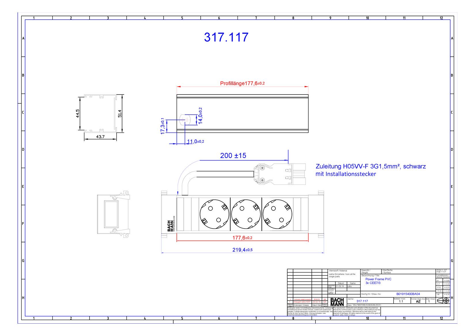 Bachmann 317.117 Power Frame 3xSchuko kurz m.Kunststoffprofil