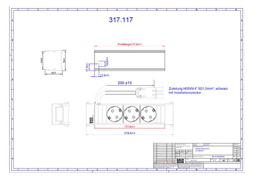 Bachmann 317.117 Power Frame 3xSchuko kurz m.Kunststoffprofil
