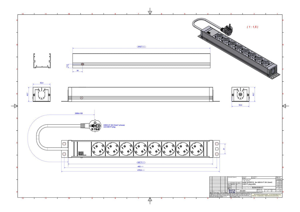 Bachmann 333.001 19" 1,5HE 8xSchuko weiß Strom 2m Schuko
