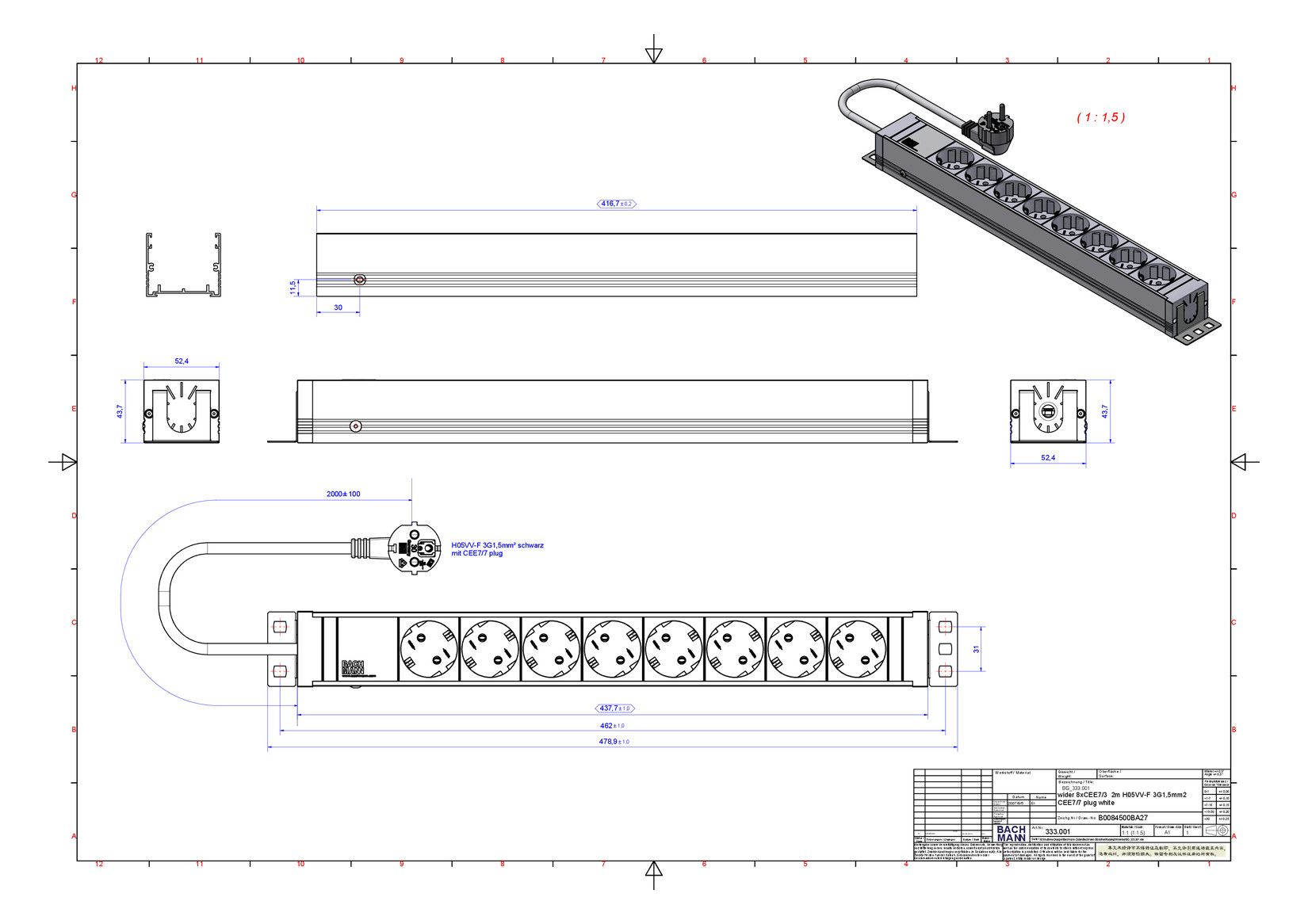 Bachmann 333.001 19" 1,5HE 8xSchuko weiß Strom 2m Schuko