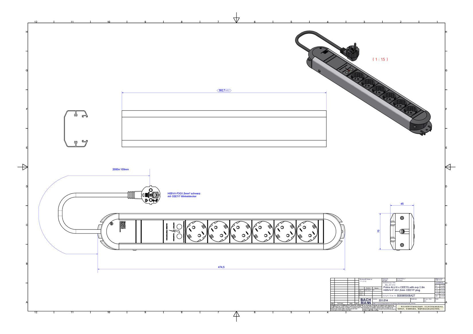 Bachmann 331.014 PRIMO 6xSchuko ÜSS Strom 1,75m Schuko
