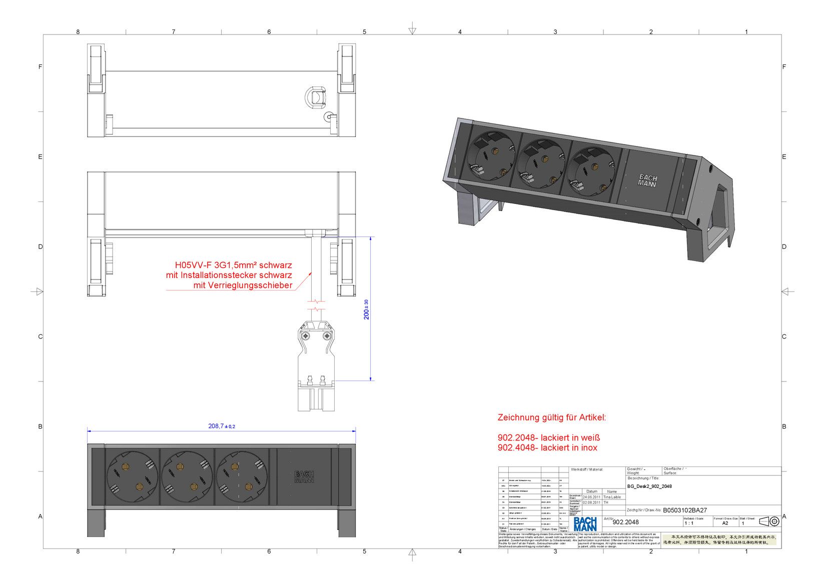 Bachmann 902.2048 DESK2 3xSchuko Strom 0,2m GST18 RAL9010