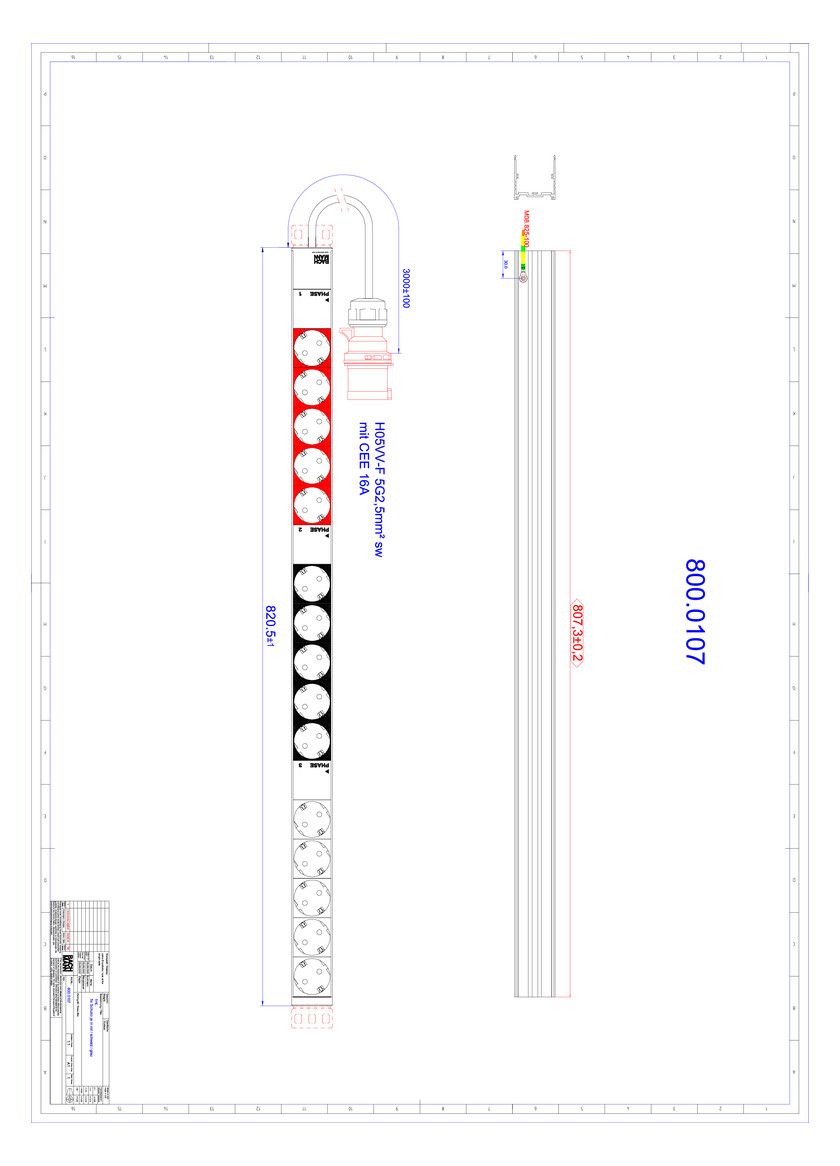 Bachmann 800.0107 ALU 1HE 15xSchuko 3ph Strom 3,0m CEE 16A rot