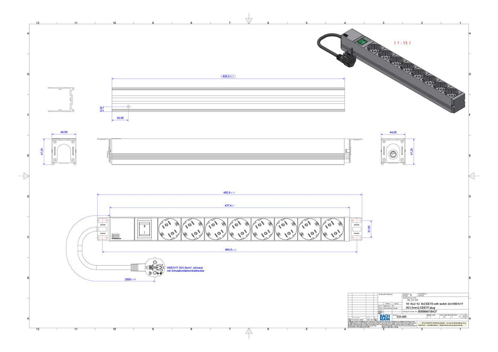 Bachmann 333.400 19" 1HE 8xSchuko 1xSchalter 438,5mm