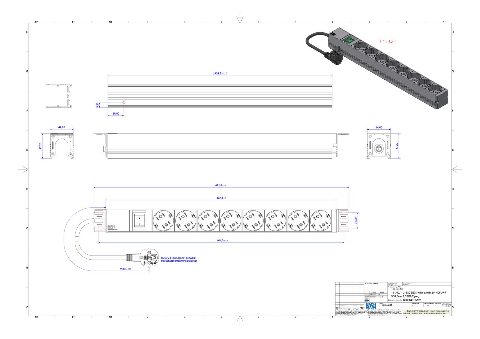 Bachmann 333.400 19" 1HE 8xSchuko 1xSchalter 438,5mm
