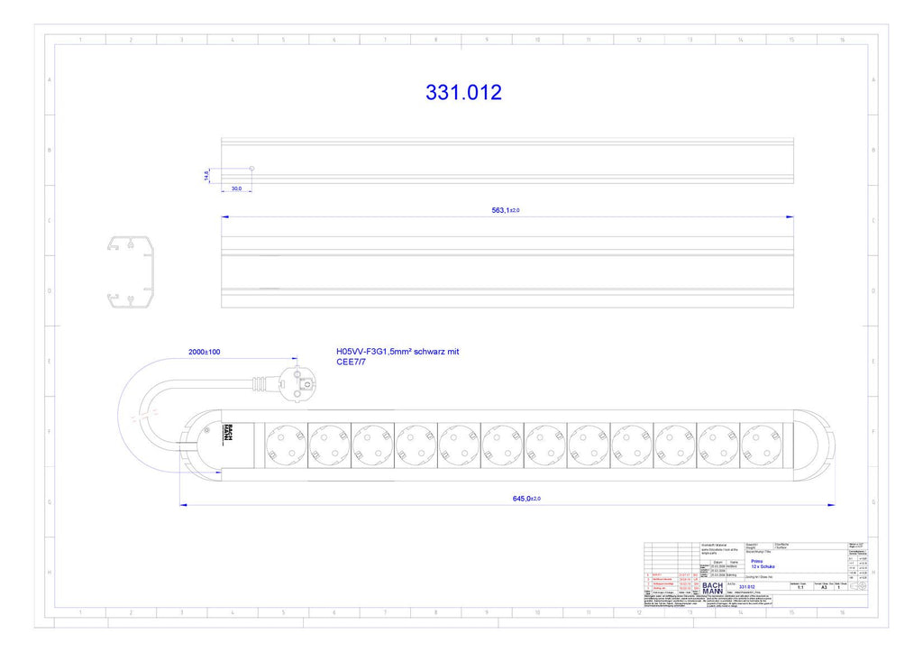 Bachmann 331.012 PRIMO 12xSchuko Strom 1,75m Schuko