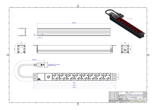 Bachmann 333.538 19" 1HE 8xSchuko rot 1xFUSE 10A Strom 2m IEC