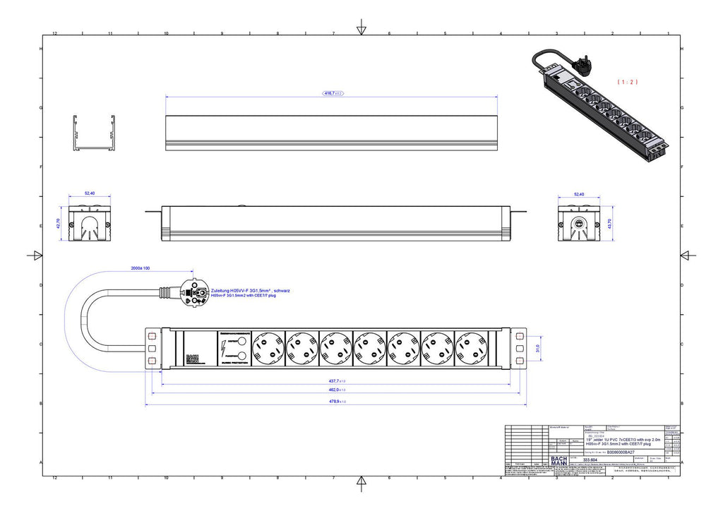 Bachmann 333.604 19" 1HE PVC 7xSchuko 1xÜSS Strom 2m Schuko