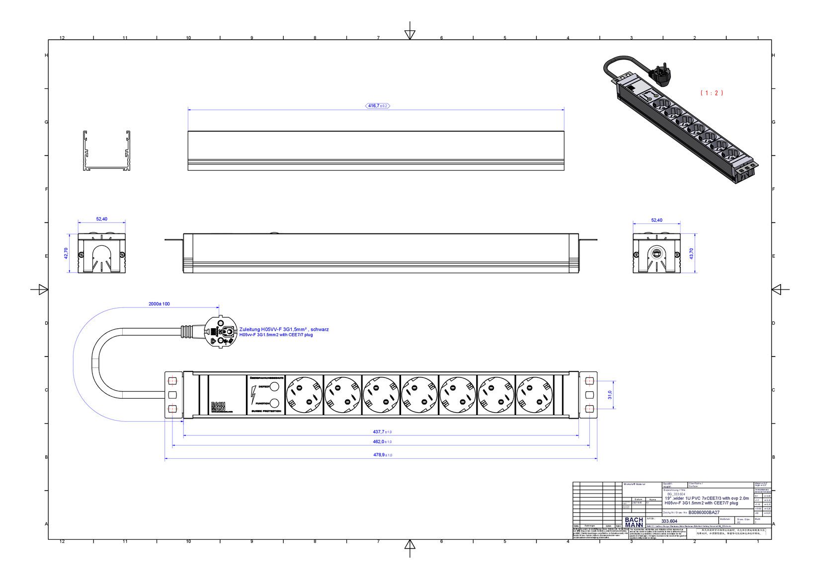 Bachmann 333.604 19" 1HE PVC 7xSchuko 1xÜSS Strom 2m Schuko