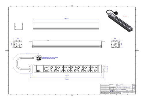 Bachmann 333.604 19" 1HE PVC 7xSchuko 1xÜSS Strom 2m Schuko