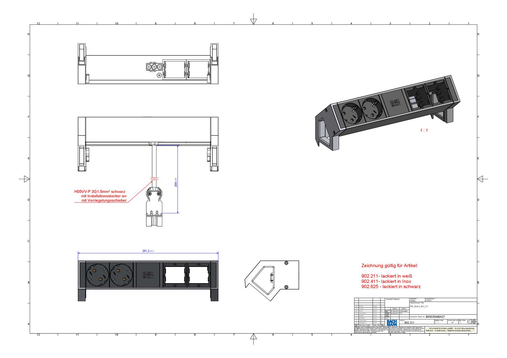 Bachmann 902.211 DESK2 2xSchuko 2xABD Strom 0,2m GST18 RAL9010