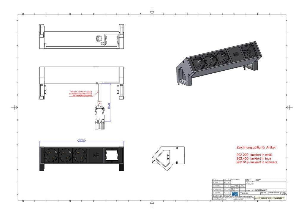 Bachmann 902.200 DESK2 3xSchuko 1xABD Strom 0,2m GST18 RAL9010