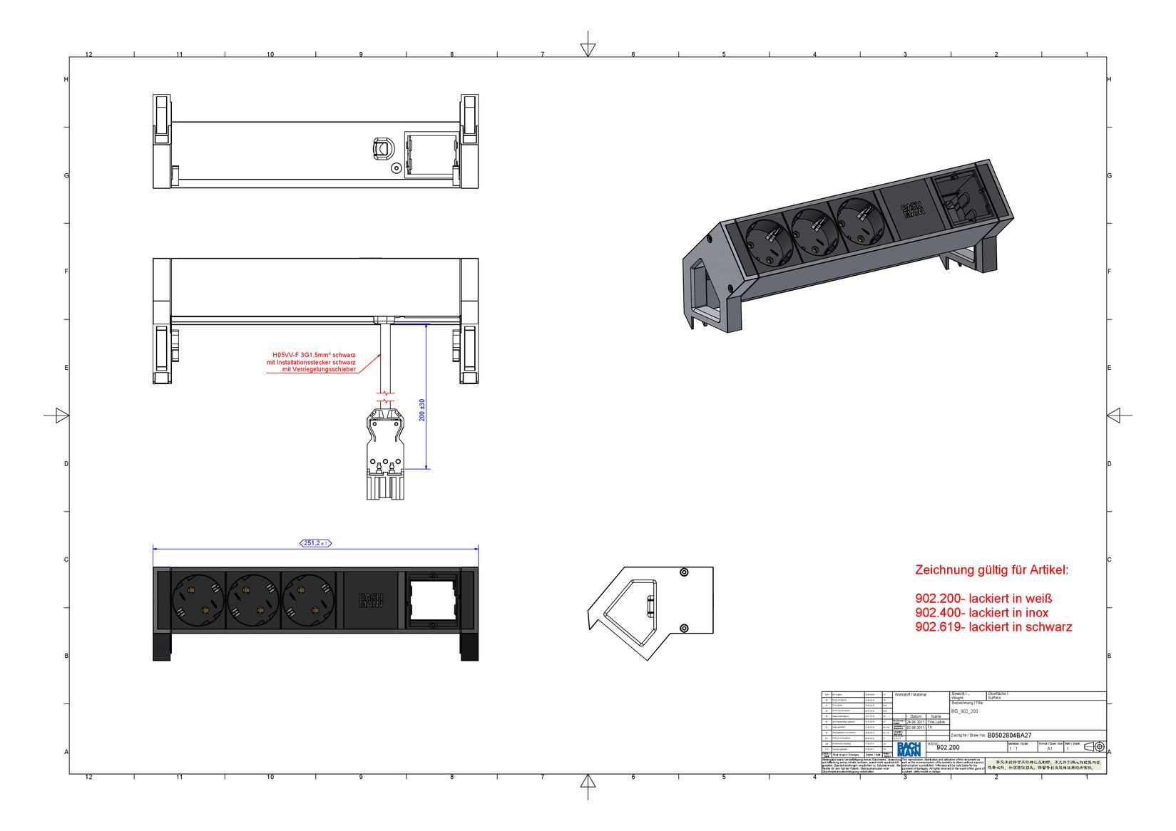 Bachmann 902.200 DESK2 3xSchuko 1xABD Strom 0,2m GST18 RAL9010