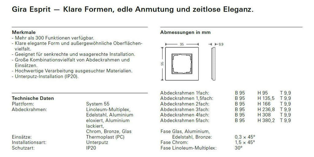 GIRA 1001122 Abdeckrahmen 1,5fach Esprit Glas Umbra